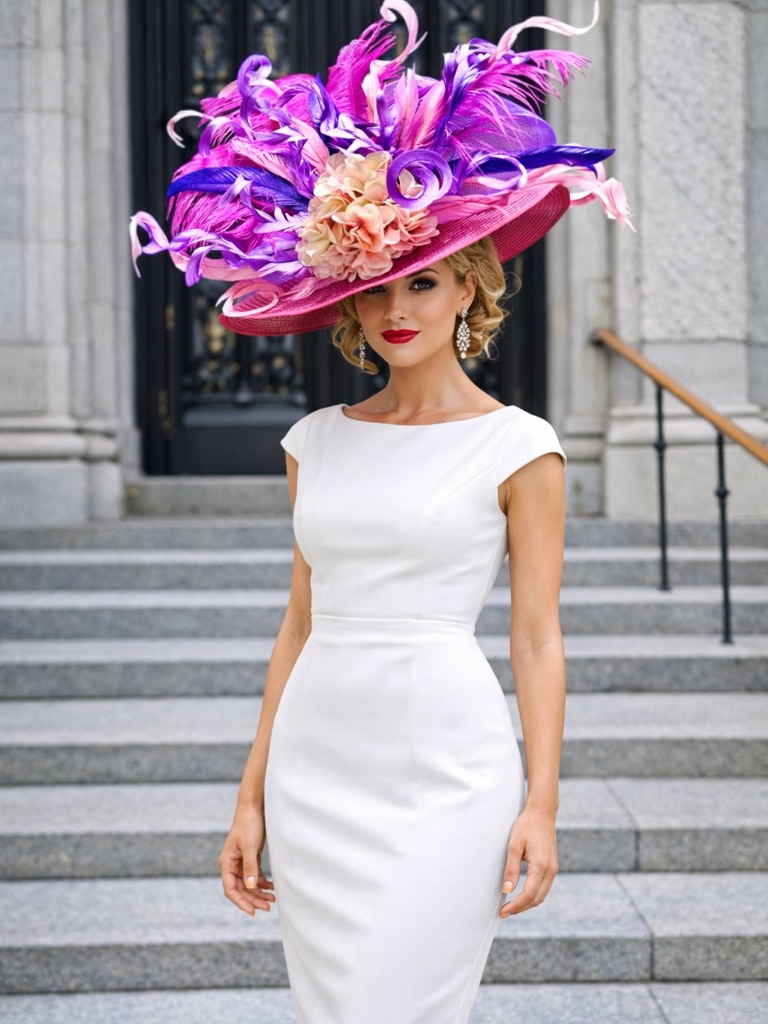 Statement Pink & Purple Feathered Wide-Brim Hat